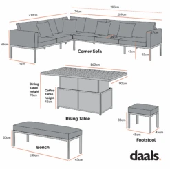 Calabasas Large Outdoor Fabric And Aluminium Corner Casual Dining Set With Rising Table, Dark Grey -Daals OD DINE 1027 CHART