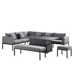 Calabasas Large Outdoor Fabric And Aluminium Corner Casual Dining Set With Rising Table, Dark Grey -Daals OD DINE 1027 DARKGREY WB1