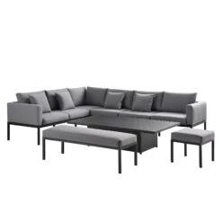 Calabasas Large Outdoor Fabric And Aluminium Corner Casual Dining Set With Rising Table, Dark Grey -Daals OD DINE 1027 DARKGREY WB2