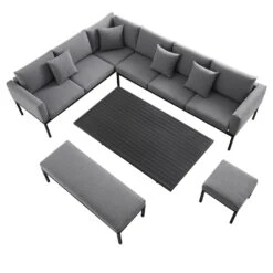 Calabasas Large Outdoor Fabric And Aluminium Corner Casual Dining Set With Rising Table, Dark Grey -Daals OD DINE 1027 DARKGREY WB3