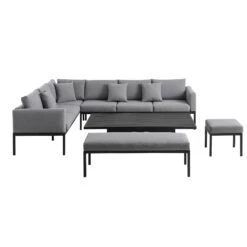 Calabasas Large Outdoor Fabric And Aluminium Corner Casual Dining Set With Rising Table, Dark Grey -Daals OD DINE 1027 DARKGREY WB4