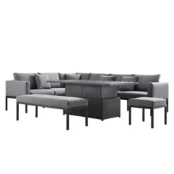 Calabasas Large Outdoor Fabric And Aluminium Corner Casual Dining Set With Rising Table, Dark Grey -Daals OD DINE 1027 DARKGREY WB7
