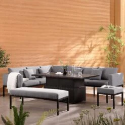 Calabasas Large Outdoor Fabric And Aluminium Corner Casual Dining Set With Rising Table, Dark Grey