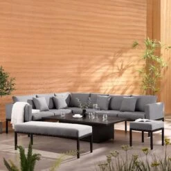 Calabasas Large Outdoor Fabric And Aluminium Corner Casual Dining Set With Rising Table, Dark Grey -Daals OD DINE 1027 DARKGREY scene2