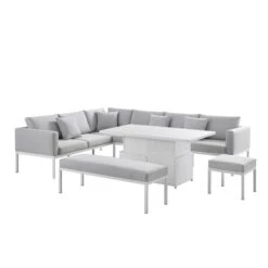 Calabasas Large Outdoor Fabric And Aluminium Corner Casual Dining Set With Rising Table, Light Grey -Daals OD DINE 1027 LIGHTGREY WB1