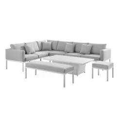 Calabasas Large Outdoor Fabric And Aluminium Corner Casual Dining Set With Rising Table, Light Grey -Daals OD DINE 1027 LIGHTGREY WB2