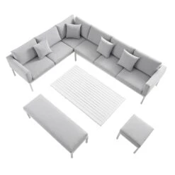 Calabasas Large Outdoor Fabric And Aluminium Corner Casual Dining Set With Rising Table, Light Grey -Daals OD DINE 1027 LIGHTGREY WB3