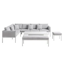 Calabasas Large Outdoor Fabric And Aluminium Corner Casual Dining Set With Rising Table, Light Grey -Daals OD DINE 1027 LIGHTGREY WB4