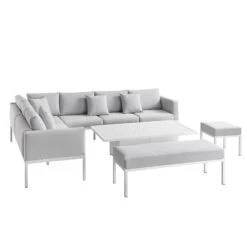 Calabasas Large Outdoor Fabric And Aluminium Corner Casual Dining Set With Rising Table, Light Grey -Daals OD DINE 1027 LIGHTGREY WB6