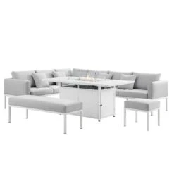 Calabasas Large Outdoor Fabric And Aluminium Corner Casual Dining Set With Firepit Table, Light Grey -Daals OD DINE 1028 LIGHTGREY WB1