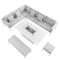 Calabasas Large Outdoor Fabric And Aluminium Corner Casual Dining Set With Firepit Table, Light Grey -Daals OD DINE 1028 LIGHTGREY WB2