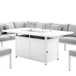 Calabasas Large Outdoor Fabric And Aluminium Corner Casual Dining Set With Firepit Table, Light Grey -Daals OD DINE 1028 LIGHTGREY detail1