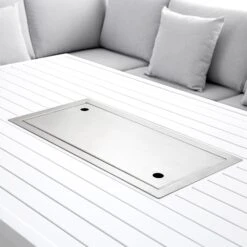 Calabasas Large Outdoor Fabric And Aluminium Corner Casual Dining Set With Firepit Table, Light Grey -Daals OD DINE 1028 LIGHTGREY detail4