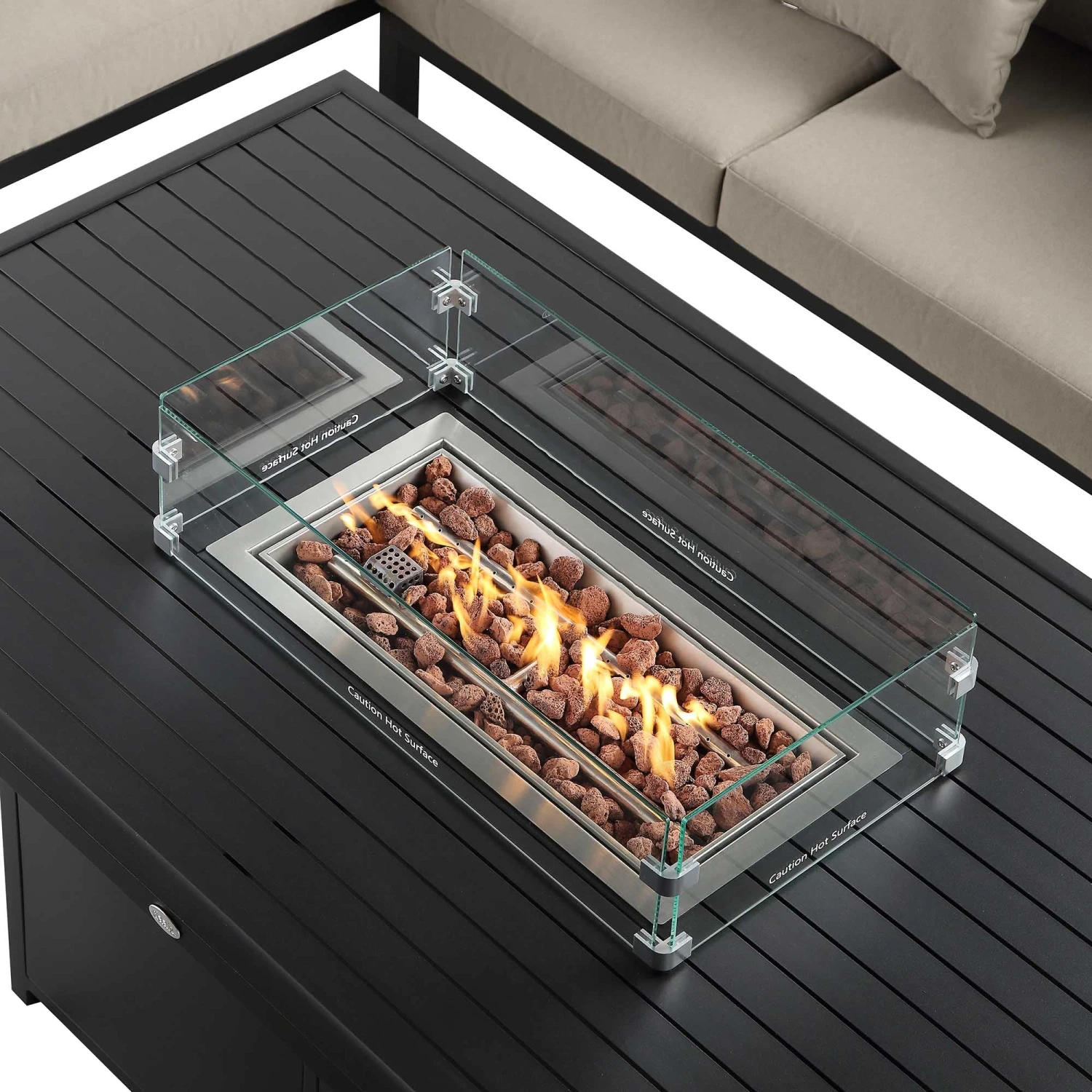 Calabasas Large Outdoor Fabric And Aluminium Corner Casual Dining Set With Firepit Table, Taupe 9 Calabasas Large Outdoor Fabric And Aluminium Corner Casual Dining Set With Firepit Table, Taupe - Image 9