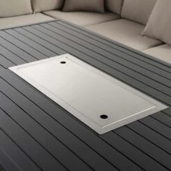 Calabasas Large Outdoor Fabric And Aluminium Corner Casual Dining Set With Firepit Table, Taupe 21 Calabasas Large Outdoor Fabric And Aluminium Corner Casual Dining Set With Firepit Table, Taupe -Daals OD DINE 1028 TAUPE detail4