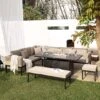 Calabasas Large Outdoor Fabric And Aluminium Corner Casual Dining Set With Firepit Table, Taupe