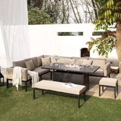 Calabasas Large Outdoor Fabric And Aluminium Corner Casual Dining Set With Firepit Table, Taupe