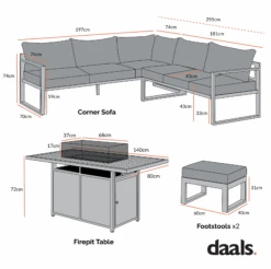 Albany Aluminium Large Corner Casual Dining Set With Firepit Table, Grey -Daals OD DINE 1046 CHART 2