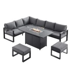 Albany Aluminium Large Corner Casual Dining Set With Firepit Table, Grey -Daals OD DINE 1046 GREY WB1