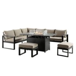 Albany Aluminium Large Corner Casual Dining Set With Firepit Table, Taupe -Daals OD DINE 1046 TAUPE WB1