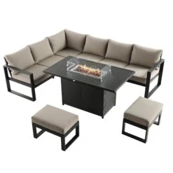 Albany Aluminium Large Corner Casual Dining Set With Firepit Table, Taupe -Daals OD DINE 1046 TAUPE WB2