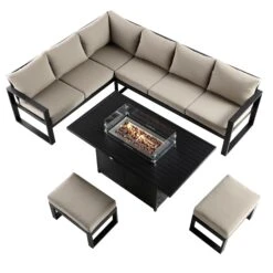 Albany Aluminium Large Corner Casual Dining Set With Firepit Table, Taupe -Daals OD DINE 1046 TAUPE WB4