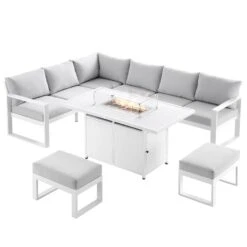 Albany Aluminium Large Corner Casual Dining Set With Firepit Table, White 19 Albany Aluminium Large Corner Casual Dining Set With Firepit Table, White -Daals OD DINE 1046 WHITE WB1