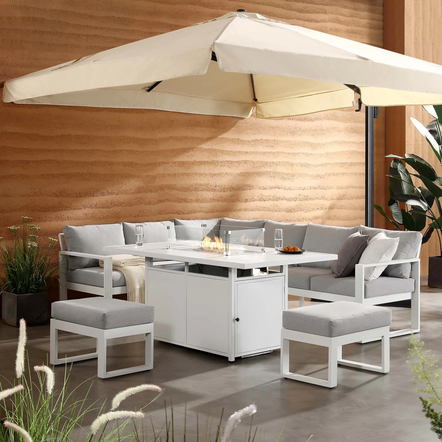 Albany Aluminium Large Corner Casual Dining Set With Firepit Table, White 1 Albany Aluminium Large Corner Casual Dining Set With Firepit Table, White