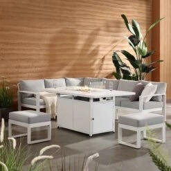 Albany Aluminium Large Corner Casual Dining Set With Firepit Table, White 18 Albany Aluminium Large Corner Casual Dining Set With Firepit Table, White -Daals OD DINE 1046 WHITE scene2