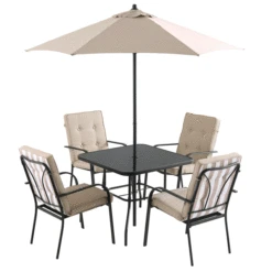 Champneys 4 Seater Steel And Fabric Outdoor Patio Dining Set With Parasol, Taupe -Daals OD DINE 1048 BEIGE GIF