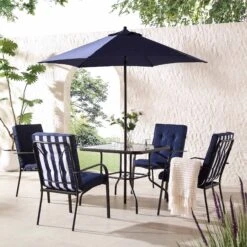 Champneys 4-Seater Steel And Fabric Outdoor Patio Dining Set With Parasol, Navy Blue 13 Champneys 4-Seater Steel And Fabric Outdoor Patio Dining Set With Parasol, Navy Blue -Daals OD DINE 1048 BLUE scene2