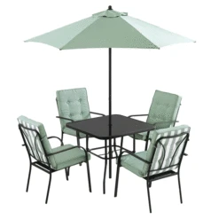 Champneys 4-Seater Steel And Fabric Outdoor Patio Dining Set With Parasol, Sage Green -Daals OD DINE 1048 GREEN GIF
