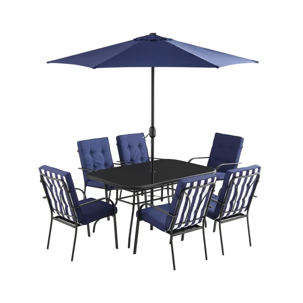 Champneys 6-Seater Steel And Fabric Outdoor Patio Dining Set With Crank Parasol, Blue 4 Champneys 6-Seater Steel And Fabric Outdoor Patio Dining Set With Crank Parasol, Blue - Image 4