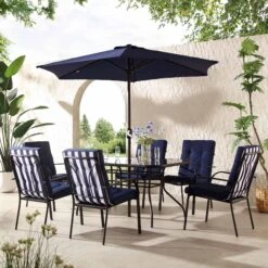 Champneys 6-Seater Steel And Fabric Outdoor Patio Dining Set With Crank Parasol, Blue 17 Champneys 6-Seater Steel And Fabric Outdoor Patio Dining Set With Crank Parasol, Blue -Daals OD DINE 1049 BLUE scene2