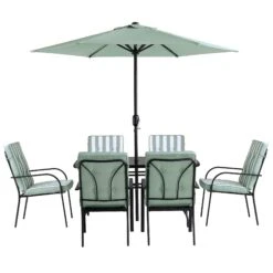 Champneys 6-Seater Steel And Fabric Outdoor Patio Dining Set With Crank Parasol, Sage Green -Daals OD DINE 1049 SAGE WB5