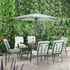 Champneys 6-Seater Steel And Fabric Outdoor Patio Dining Set With Crank Parasol, Sage Green