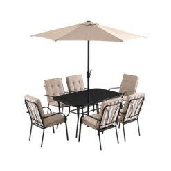 Champneys 6-Seater Steel And Fabric Outdoor Patio Dining Set With Crank Parasol, Taupe -Daals OD DINE 1049 TAUPE GIF