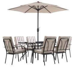 Champneys 6-Seater Steel And Fabric Outdoor Patio Dining Set With Crank Parasol, Taupe -Daals OD DINE 1049 TAUPE WB1