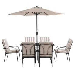 Champneys 6-Seater Steel And Fabric Outdoor Patio Dining Set With Crank Parasol, Taupe -Daals OD DINE 1049 TAUPE WB2