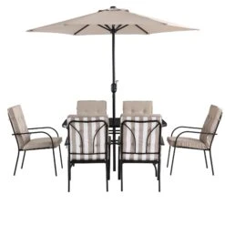 Champneys 6-Seater Steel And Fabric Outdoor Patio Dining Set With Crank Parasol, Taupe -Daals OD DINE 1049 TAUPE WB3
