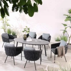 Montebello 6-Seater Outdoor Black Rope And Aluminium Oval Dining Set With Grey Ceramic Dining Table