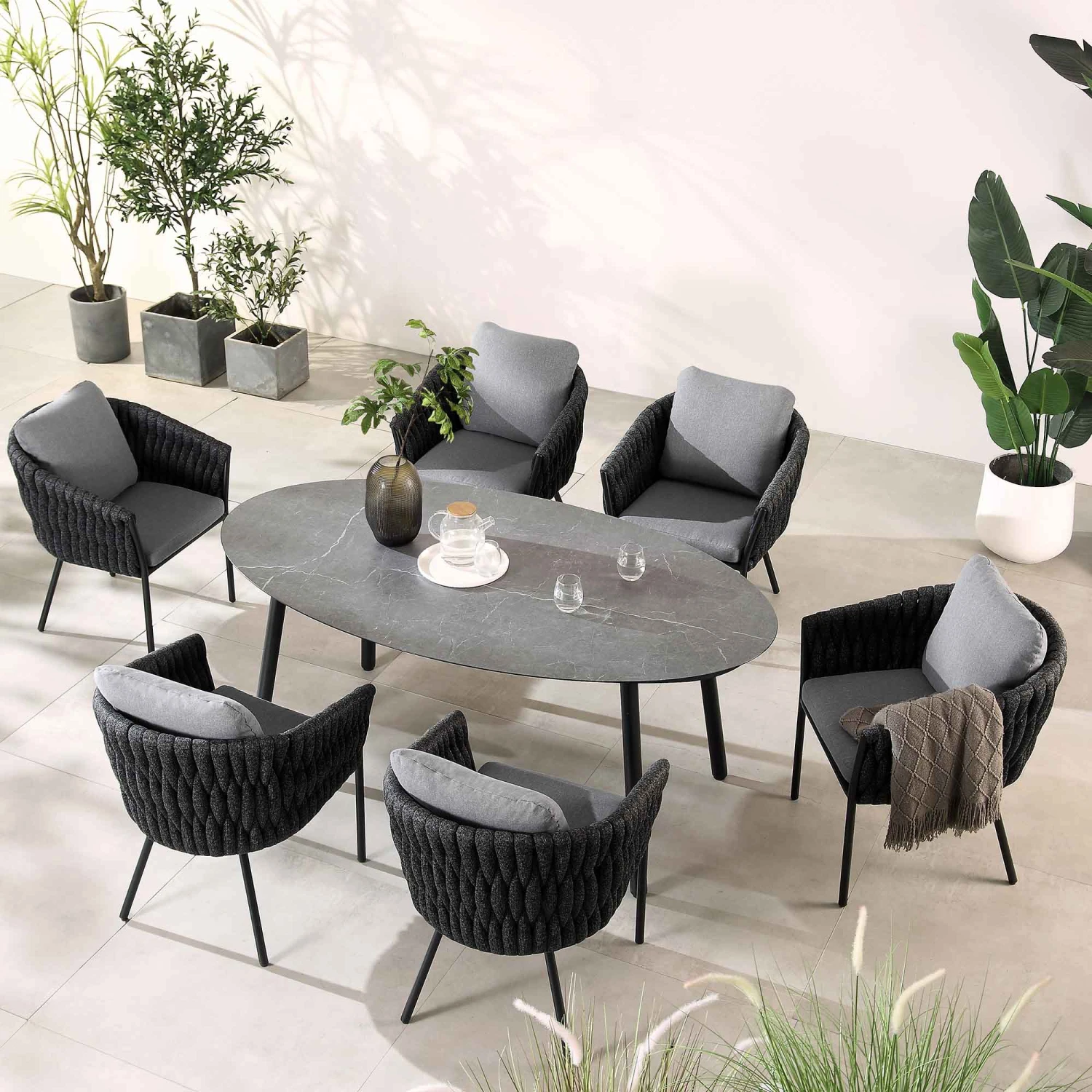Montebello 6-Seater Outdoor Black Rope And Aluminium Oval Dining Set With Grey Ceramic Dining Table 2 Montebello 6-Seater Outdoor Black Rope And Aluminium Oval Dining Set With Grey Ceramic Dining Table - Image 2