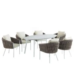 Montebello 6-Seater Outdoor Taupe Rope And Aluminium Oval Dining Set With White Ceramic Dining Table -Daals OD DINE 1072 WHITE WB1