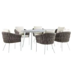 Montebello 6-Seater Outdoor Taupe Rope And Aluminium Oval Dining Set With White Ceramic Dining Table -Daals OD DINE 1072 WHITE WB4