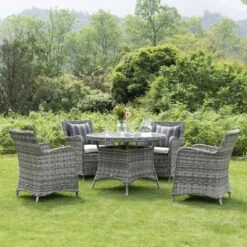 Hampshire 4-Seater Round Wicker Rattan Dining Set, Light Grey