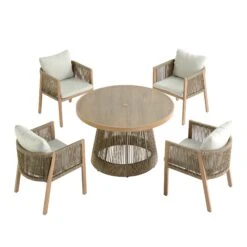 Pedra Rope And Aluminium Outdoor 4-Seater Round Dining Set, Natural -Daals OD DINE 2092 NAT SET WB2