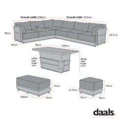 Pedra Rope And Aluminium Large Corner Casual Dining Set With Rising Table, Grey -Daals OD DINE 4980 SET CHART