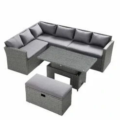 Granchester Rattan Rectangular Corner Dining Sofa Set With Rising Table, Grey -Daals OD DINE 6421 DARKGREY WB2