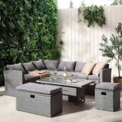 Granchester Rattan Rectangular Corner Dining Sofa Set With Rising Table, Grey -Daals OD DINE 6421 DARKGREY scene2