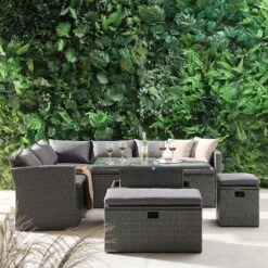 Granchester Rattan Rectangular Corner Dining Sofa Set With Rising Table, Grey -Daals OD DINE 6421 DARKGREY scene4